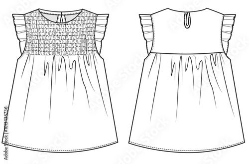 DRESS WITH FRILLED SLEEVES AND PUCKERED CHEST