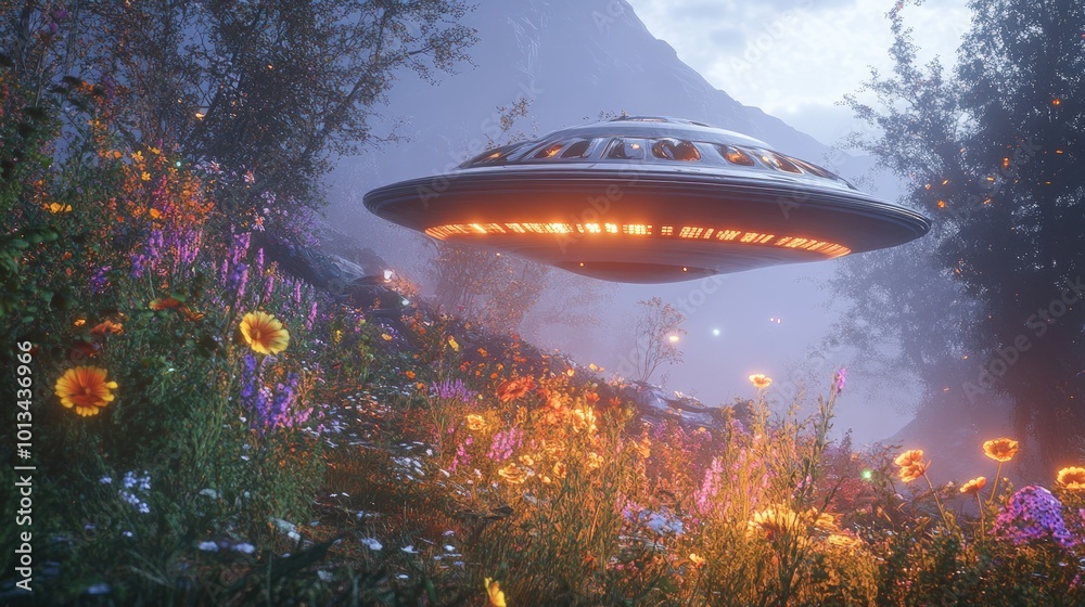 A flying saucer hovers over a field of vibrant wildflowers, creating a surreal and dreamlike scene. A flying saucer hovers over a field of vibrant wildflowers, creating a surreal and dreamlike scene.