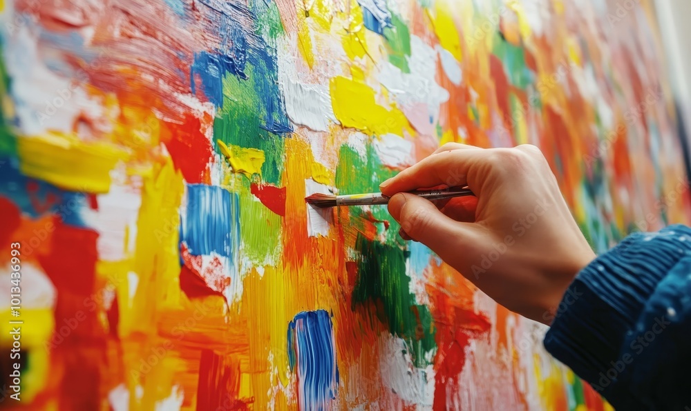 Obraz premium A hand paints abstract art with colorful strokes.