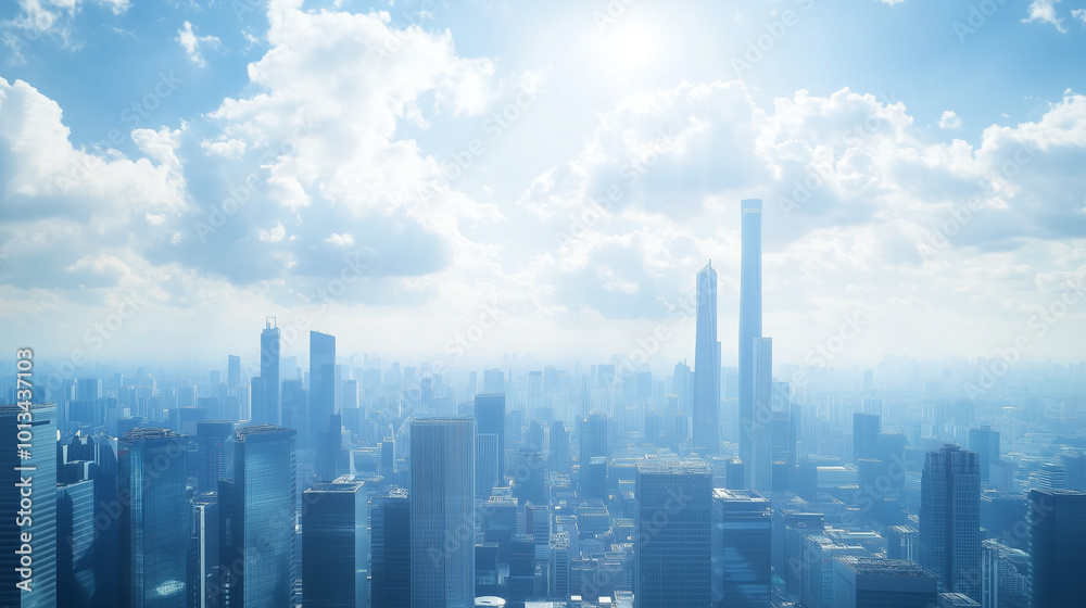 Fototapeta premium Aerial View of City Skyline and High-Rise Buildings Under Blue Sky and White Clouds