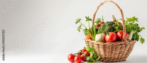 A basket of vegetables including tomatoes, broccoli, and carrots