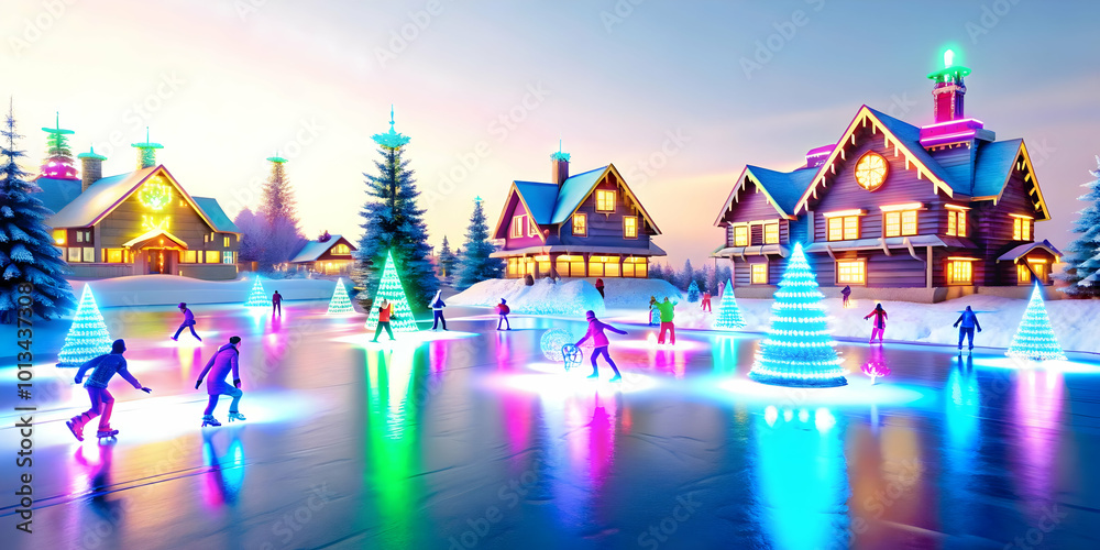 3D Glowing Winter Village with Neon Ice Skaters: Futuristic & Cozy Winter Scene for Themed Advertisements