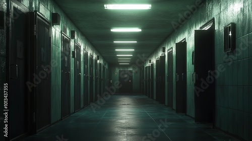 Interior of a prison corridor with rows of cells and locked doors, illuminated by ceiling lights.