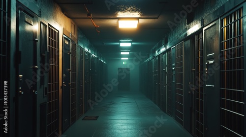 Interior of a prison corridor with rows of cells and locked doors, illuminated by ceiling lights.
