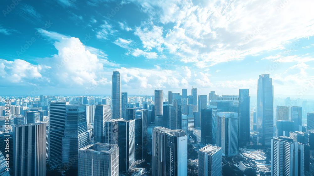 Fototapeta premium Aerial View of City Skyline and High-Rise Buildings Under Blue Sky and White Clouds