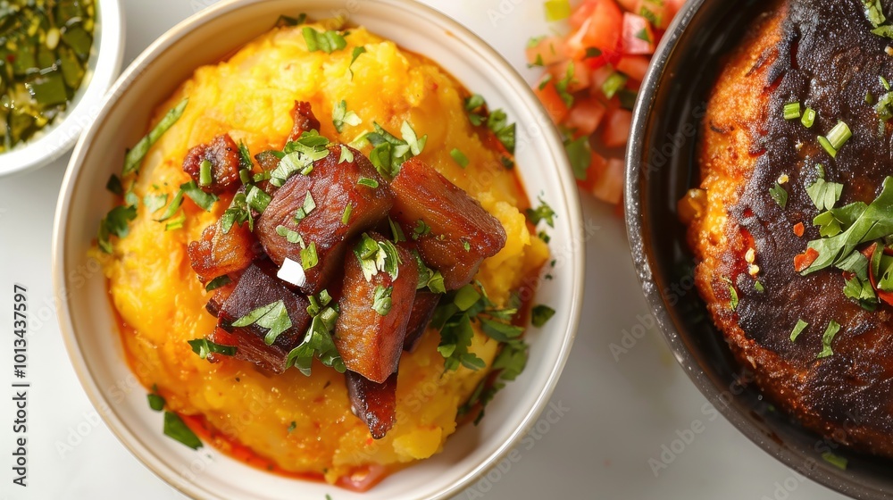 A bowl of mashed potatoes with meat and herbs on top A bowl of mashed potatoes with meat and herbs on top