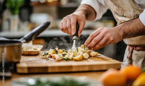 Chef prepares steaming food on cutting board.