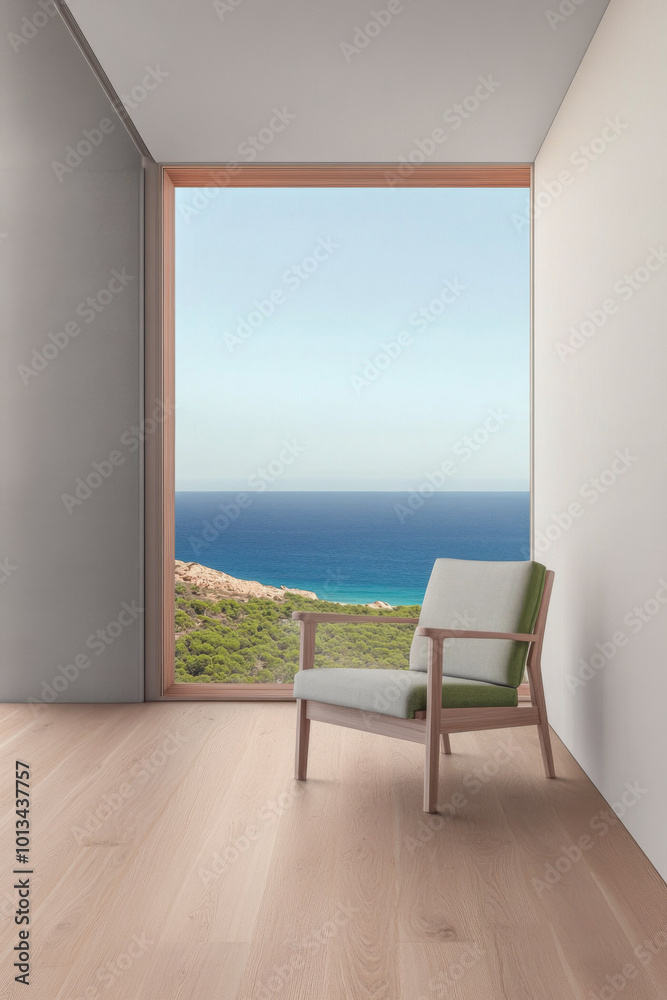 Fototapeta premium Modern chair by a large window with ocean view in a serene, minimalistic interior setting