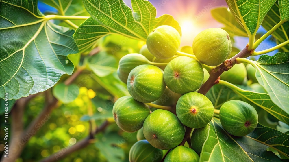 Freshly ripened green figs dangle enticingly from a sun-kissed branch, surrounded by lush leaves, with ample copy space to highlight their natural sweetness and abundance. Freshly ripened green figs dangle enticingly from a sun-kissed branch, surrounded by lush leaves, with ample copy space to highlight their natural sweetness and abundance.