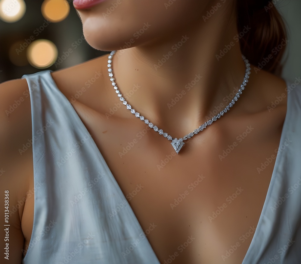 Diamond necklace on woman's neck at jewelry store ai gegerate Diamond necklace on woman's neck at jewelry store ai gegerate