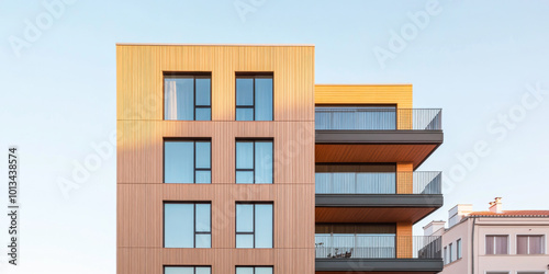 Modern wooden apartment building with balconies in an urban setting during daylight