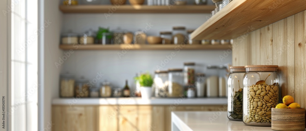 A kitchen with a countertop and shelves full of jars and bottles