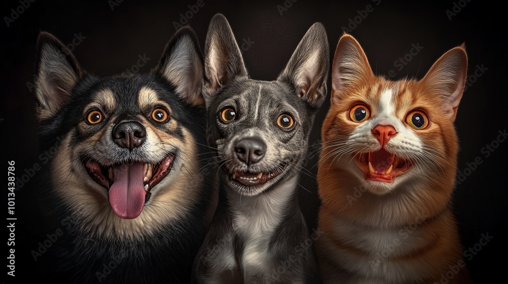 Cute Dogs and Cat Smiling Together - Adorable Pet Portrait Cute Dogs and Cat Smiling Together - Adorable Pet Portrait