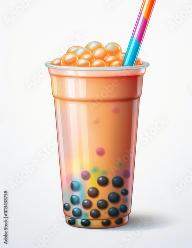 Indulge in this vibrant Bubble Tea! Colorful tapioca pearls in a refreshing, peachy brew. Perfect summer treat! photo