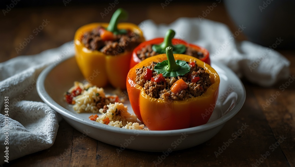 Stuffed bell peppers with rice and ground meat in a cozy kitchen setting. Stuffed bell peppers with rice and ground meat in a cozy kitchen setting.