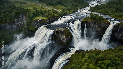 Stunning aerial view of the Mardalsfossen waterfall in the clouds.