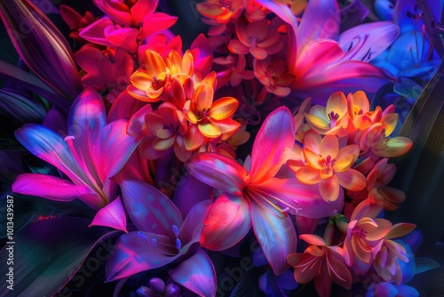A colorful bouquet of flowers with a bright blue background
