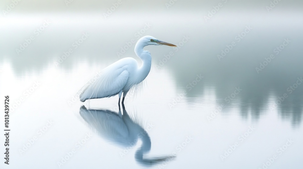 Obraz premium Solitary Egret in Misty Waters