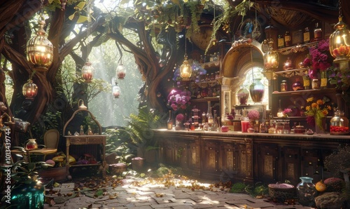 Magical elixir emporium in a whimsical forest, 4K hyperrealistic photo