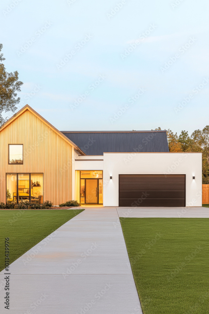 Obraz premium Modern house with wooden accents and a spacious driveway during golden hour