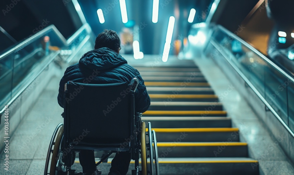 Man in wheelchair on stairs in dark building. Man in wheelchair on stairs in dark building.