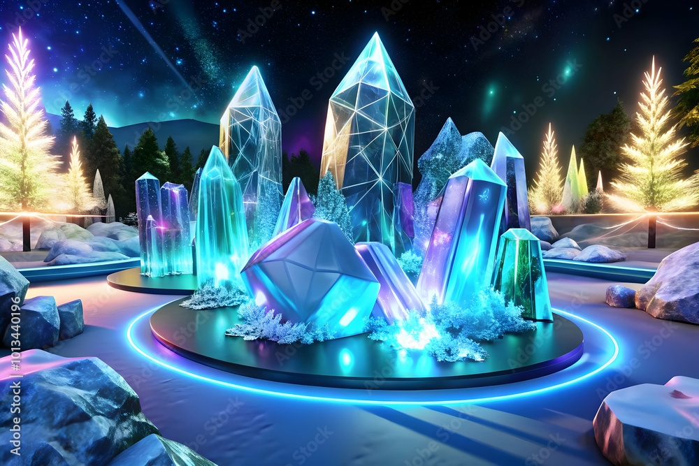 Poster Affiche Vibrant Glowing Ice Sculptures in a Futuristic Digital Winter Park with Neon Lig 40x26.7 cm