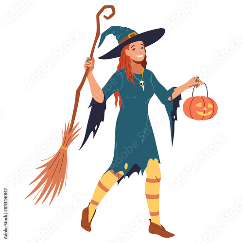 Smiling woman dressed up as witch for Halloween flat color vector illustration. Lady holding broom and carved pumpkin basket cartoon image on white