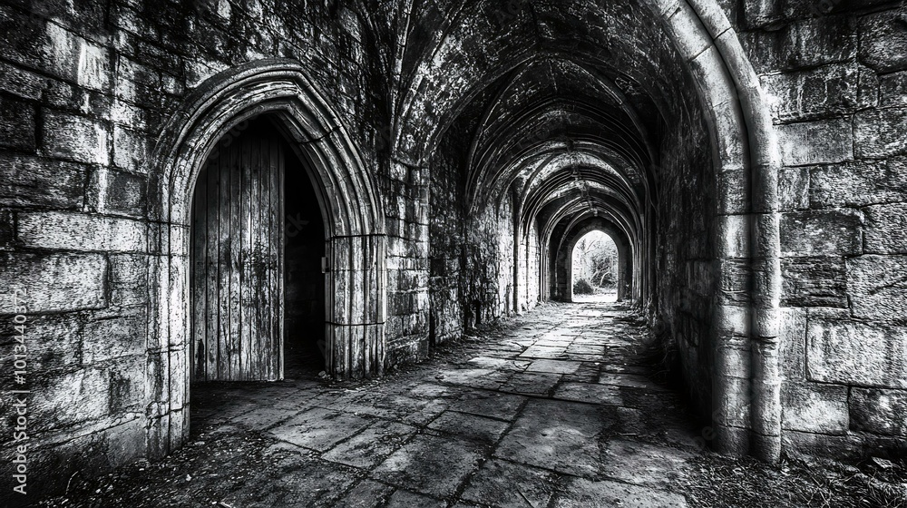Abandoned gothic crypt with crumbling stone walls and broken doors