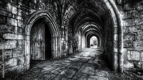 Abandoned gothic crypt with crumbling stone walls and broken doors