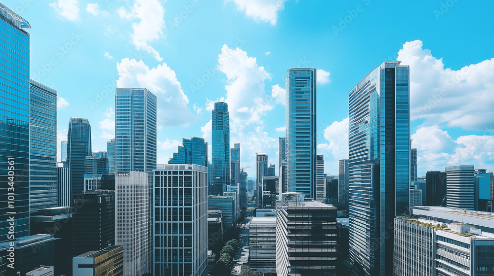 Fototapeta premium Aerial View of City Skyline and High-Rise Buildings Under Blue Sky and White Clouds