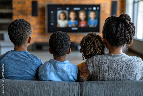 African American family watching TV together at home photo