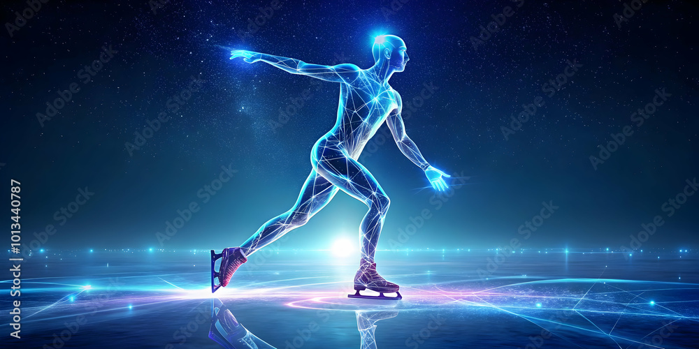 Obraz premium Flat Glowing Abstract Ice Skater on Neon Frozen Lake: A Vibrant Winter Activity Concept Illustration