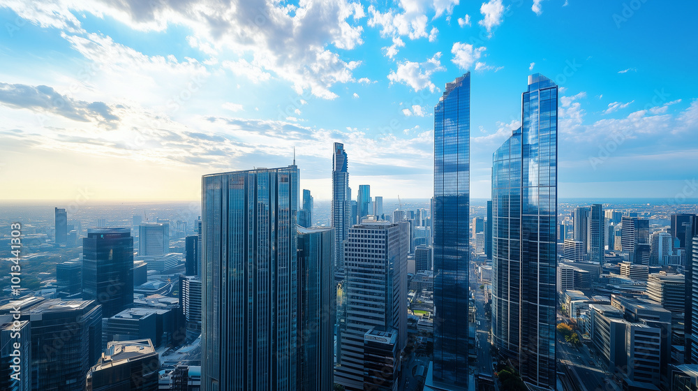 Obraz premium City Skyline and Skyscrapers Under Blue Sky and White Clouds Aerial View