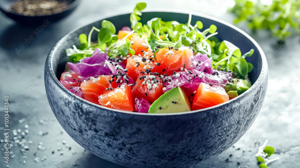 Salmon poke bowl with red cabbage and avocado dressed with black and white sesame seeds Salmon poke bowl with red cabbage and avocado dressed with black and white sesame seeds