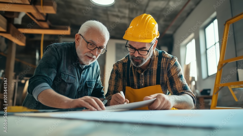Experienced Construction Worker Mentoring Young Apprentice While Analyzing Detailed Blueprints in Busy Workshop Experienced Construction Worker Mentoring Young Apprentice While Analyzing Detailed Blueprints in Busy Workshop