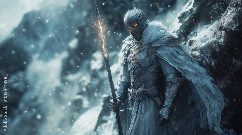 male air genasi in enchanted feathered armor holding a glowing spear standing amidst a snowy mountain pass during a fierce storm male air genasi in enchanted feathered armor holding a glowing spear standing amidst a snowy mountain pass during a fierce storm