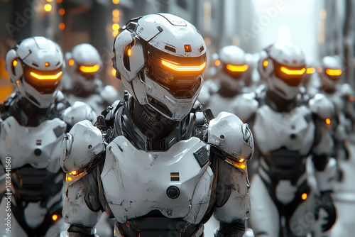 Futuristic robot army marching in unison photo