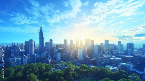 City Skyline and Skyscrapers Under Blue Sky and White Clouds Aerial View