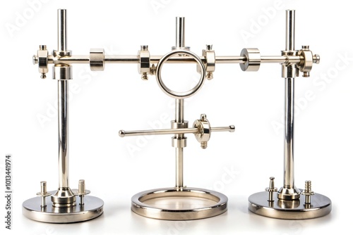 Metal retort stand with multiple adjustable clamps and rings, isolated on a pure white background, ideal for laboratory or scientific experiment representations.