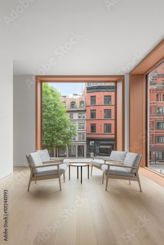 Contemporary seating area with large windows overlooking a city street in an urban building