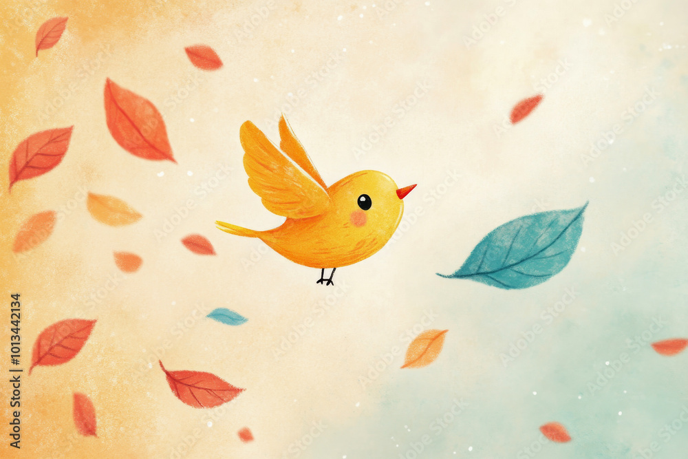 A small, yellow bird flying through a whimsical autumn scene with colorful leaves. Perfect for children's books or fall-themed designs. A small, yellow bird flying through a whimsical autumn scene with colorful leaves. Perfect for children's books or fall-themed designs.