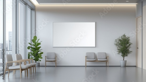 Waiting area with two chairs and a plant in front of a blank wall with a large blank frame mockup