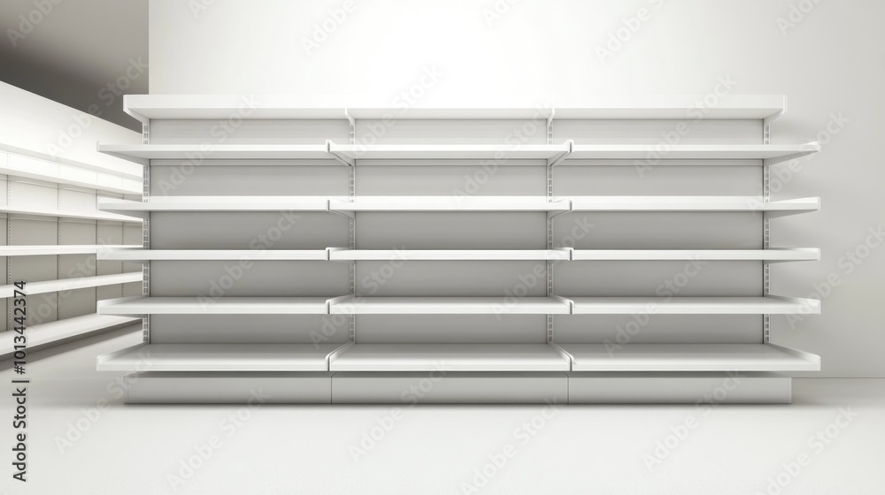 Empty White Store Shelves in a Modern Store Empty White Store Shelves in a Modern Store