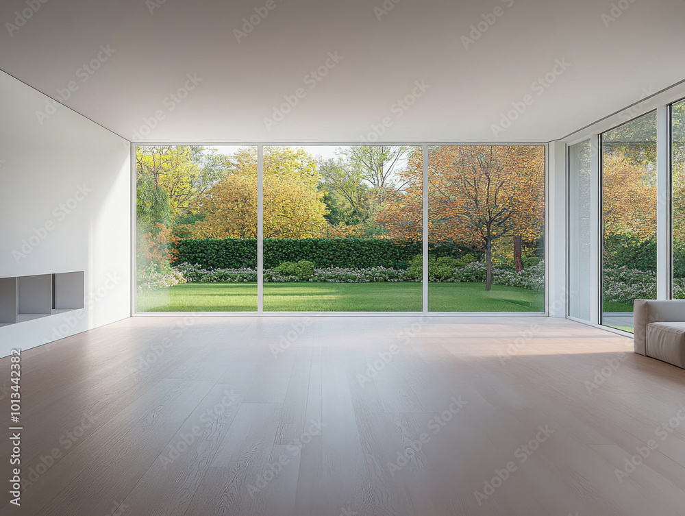 Fototapeta premium Spacious modern interior with large windows showcasing a vibrant garden view during autumn