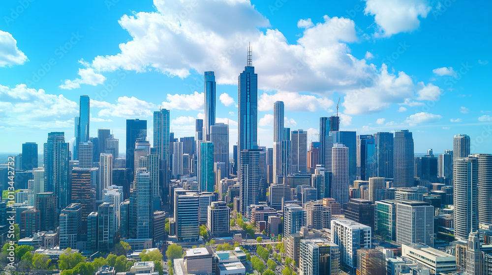 Fototapeta premium City Skyline and Skyscrapers Under Blue Sky and White Clouds Aerial View