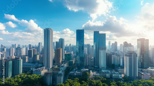 City Skyline and Skyscrapers Under Blue Sky and White Clouds Aerial View