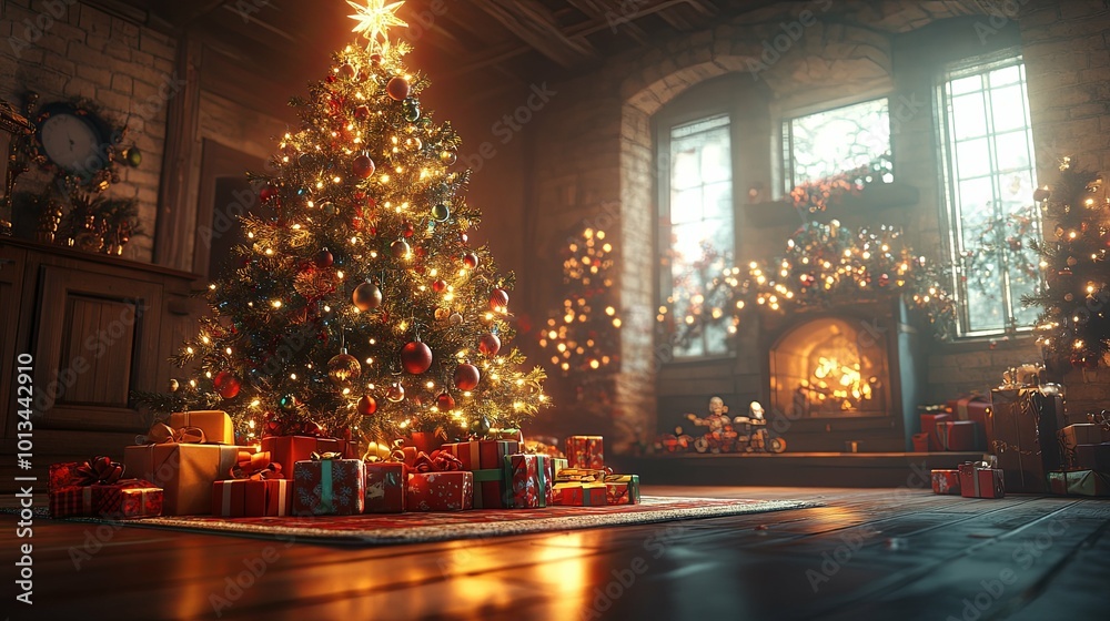 A huge Christmas tree with bright lights and presents. background A huge Christmas tree with bright lights and presents. background
