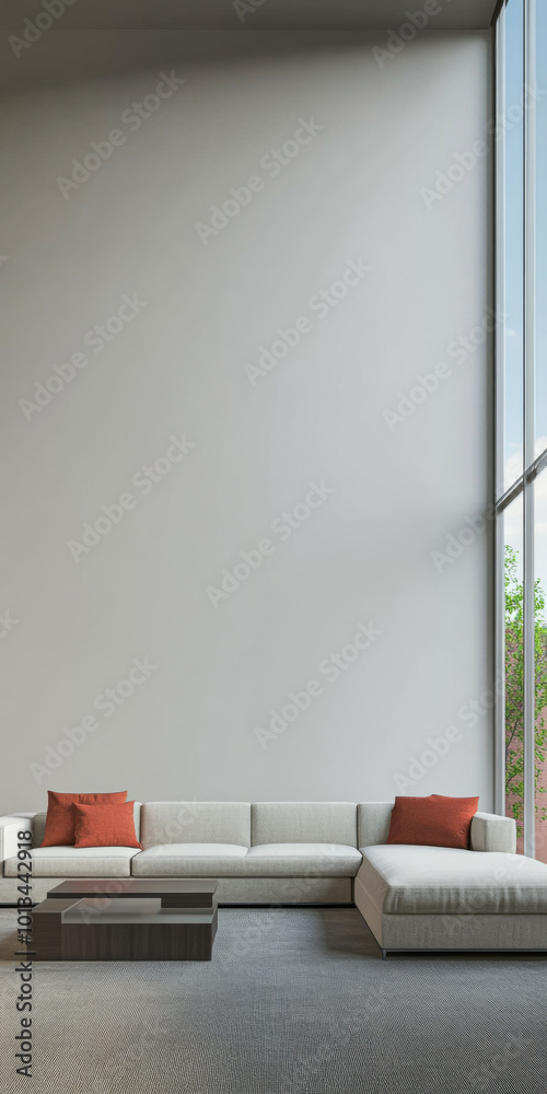 Modern living room interior with large windows and minimalist furniture in bright daylight Modern living room interior with large windows and minimalist furniture in bright daylight