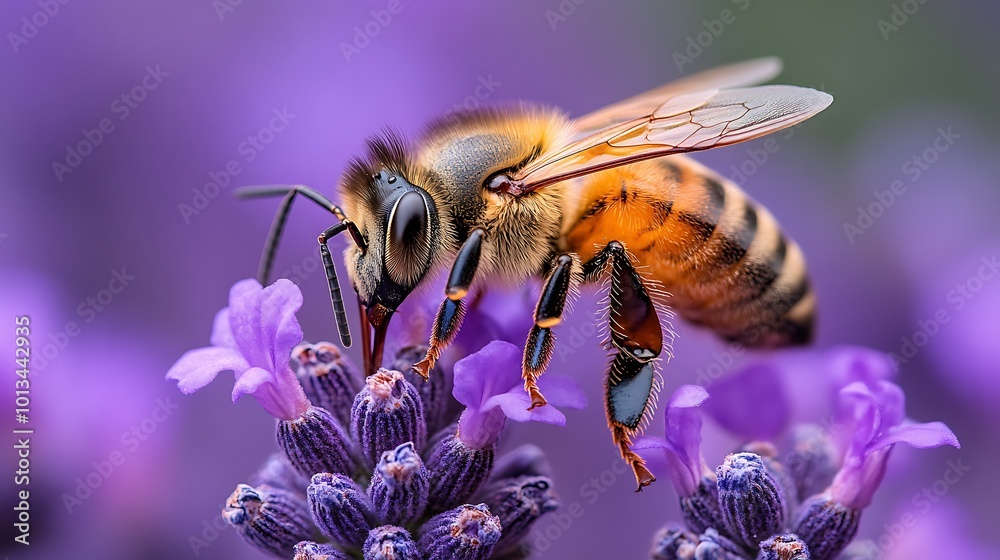 A close-up shot of a honeybee collecting nectar from a purple lavender flower. A close-up shot of a honeybee collecting nectar from a purple lavender flower.