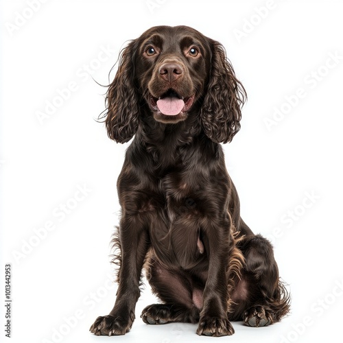 Boykin Spaniel sits cheerfully, showcasing its rich curly coat and bright expression, radiating warmth and friendliness against the white background.